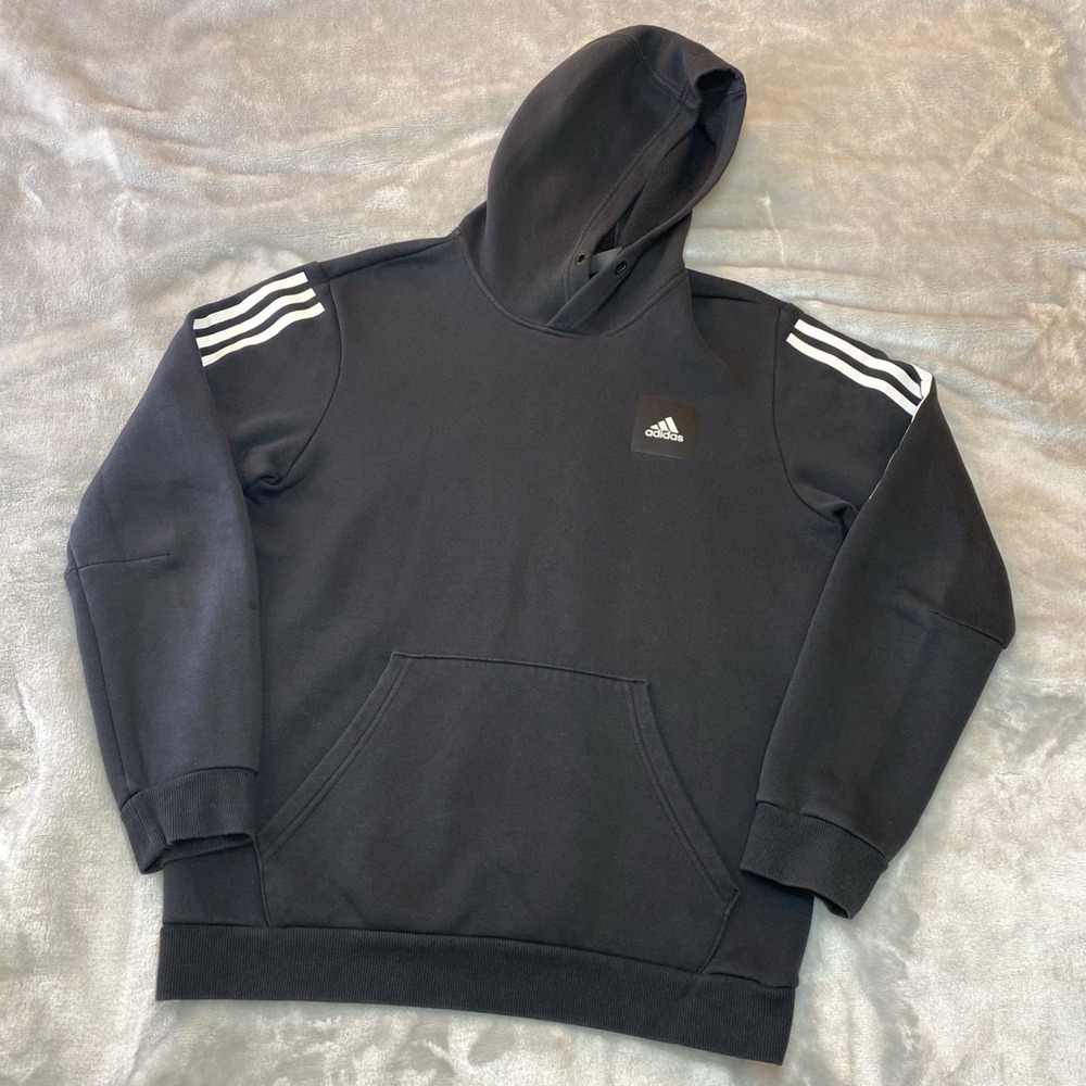 Adidas Hoodie Mens Medium Black 3-Stripes Fleece Pullover Sporty Athletic
